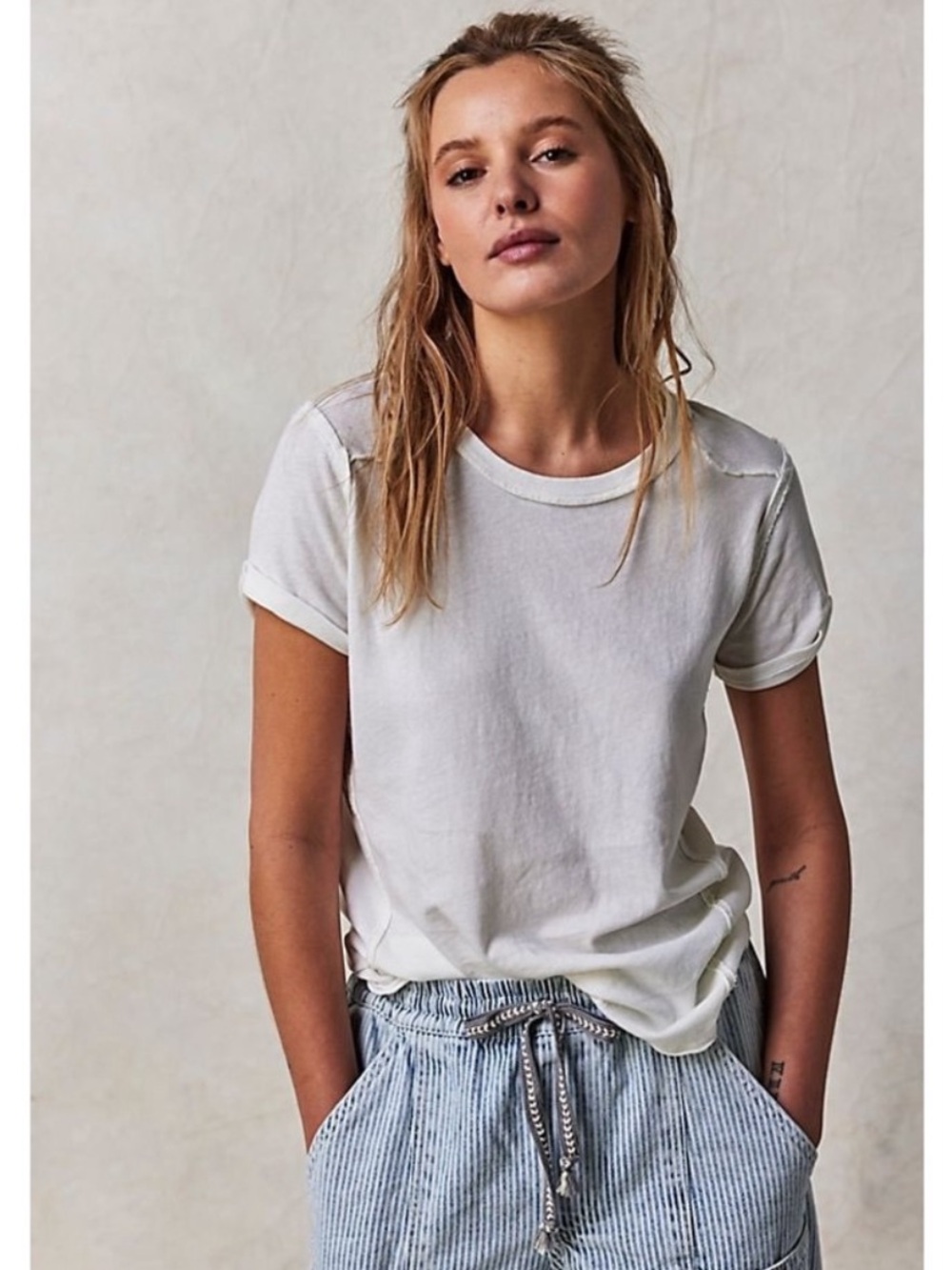We The Free Free People Ivory 100% Cotton Raw Seam Tee Large